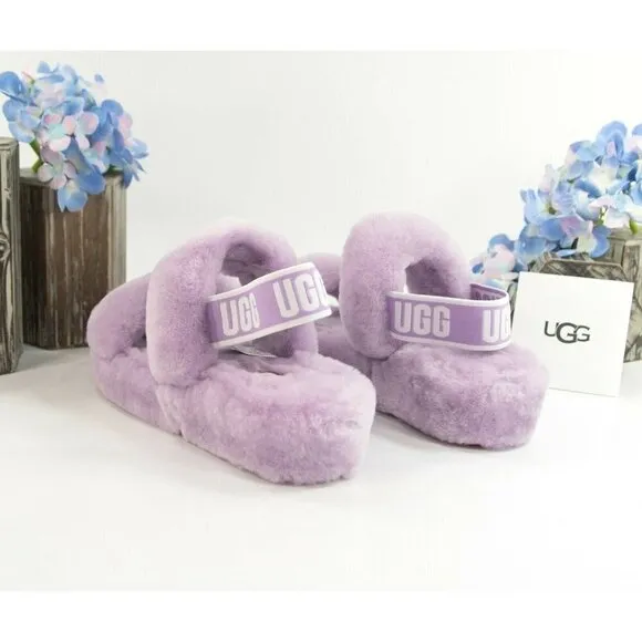 UGG Fluff Oh Yea Lilac Purple Sheepskin Fur Slippers Slides Sandals NIB