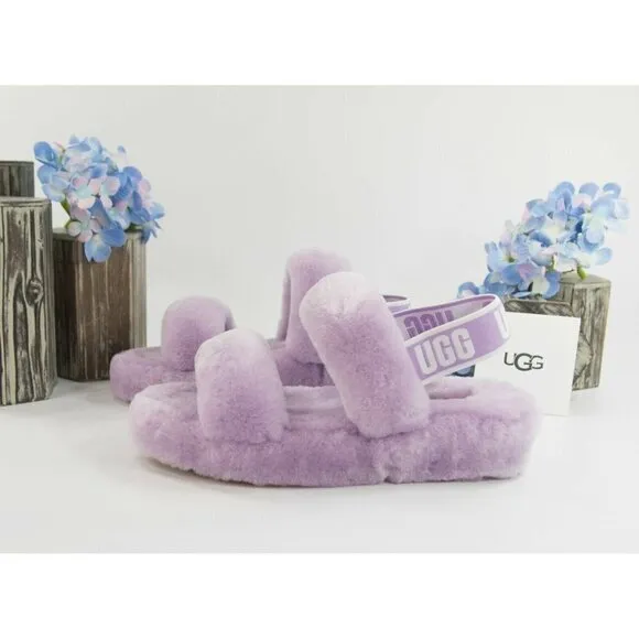 UGG Fluff Oh Yea Lilac Purple Sheepskin Fur Slippers Slides Sandals NIB