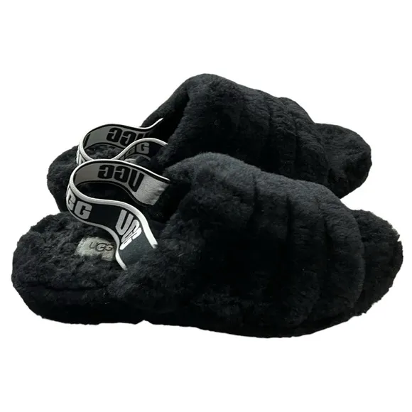 UGG Fluff Yeah Black &amp; White Sandals/Slippers Size 9
