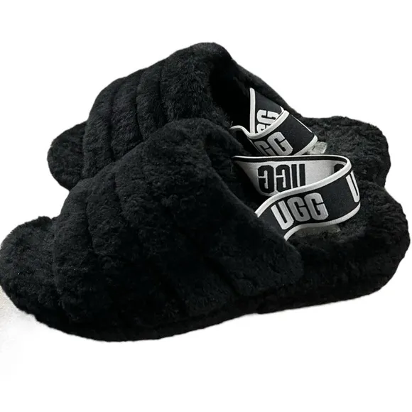 UGG Fluff Yeah Black &amp; White Sandals/Slippers Size 9