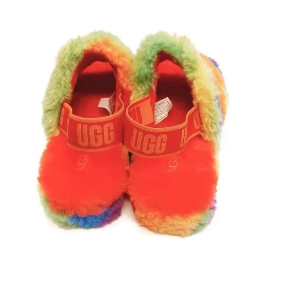 UGG Fluff Yeah Slide Cali Collage Backstrap Slippers Big Kids 4 Rainbow Stripes