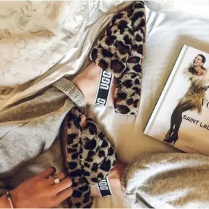 UGG Fluff Yeah Slide Slippers Fuzzy Panther Print Animal Leopard Brown Sz 9