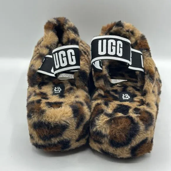 UGG Fluff Yeah Slide Slippers Fuzzy Panther Print Animal Leopard Brown Sz 9