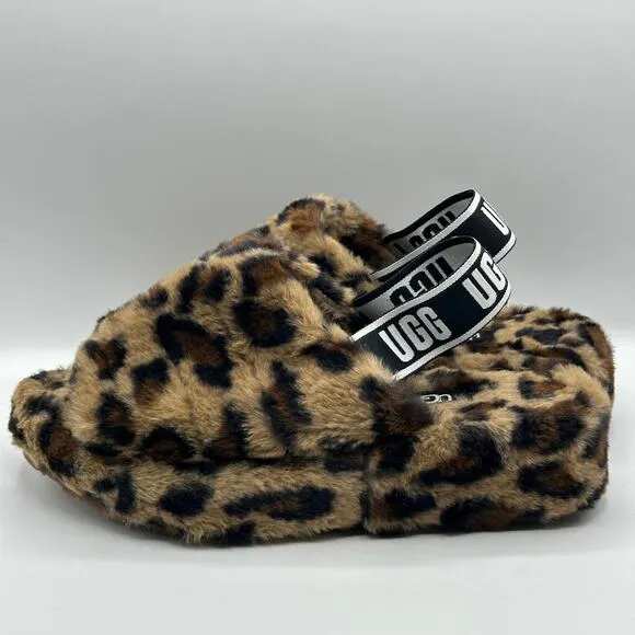 UGG Fluff Yeah Slide Slippers Fuzzy Panther Print Animal Leopard Brown Sz 9