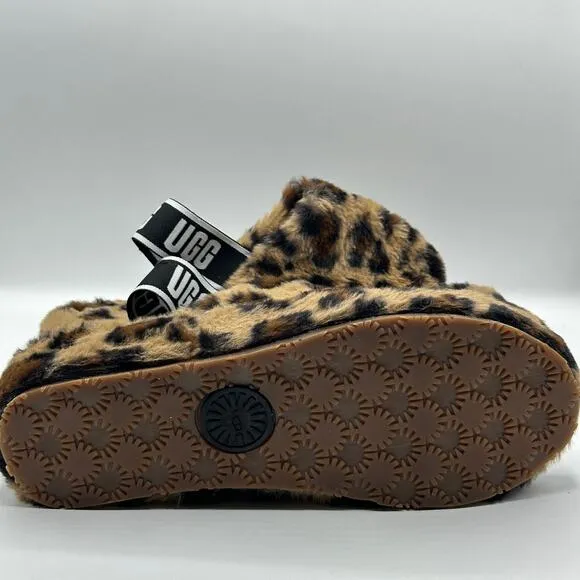 UGG Fluff Yeah Slide Slippers Fuzzy Panther Print Animal Leopard Brown Sz 9