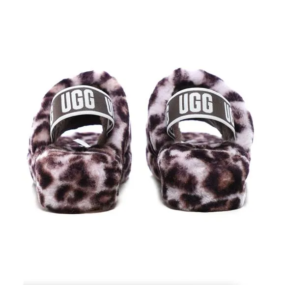UGG Fluff Yeah Slide Slippers Fuzzy Panther Print Animal Stormy Grey Sz 8 NWOB