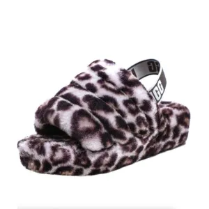 UGG Fluff Yeah Slide Slippers Fuzzy Panther Print Animal Stormy Grey Sz 8 NWOB