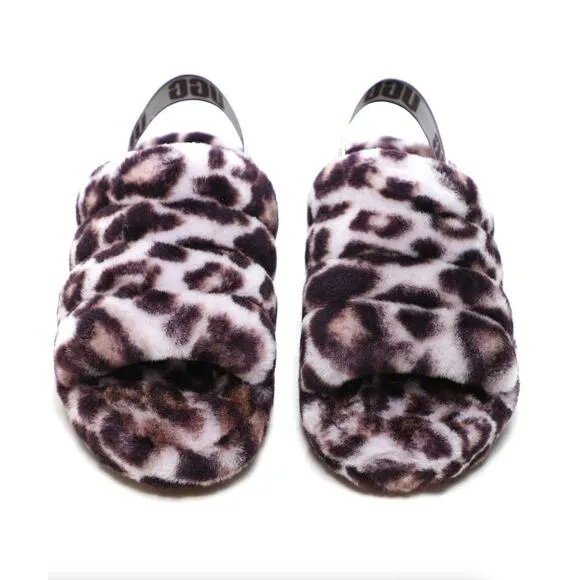 UGG Fluff Yeah Slide Slippers Fuzzy Panther Print Animal Stormy Grey Sz 8 NWOB