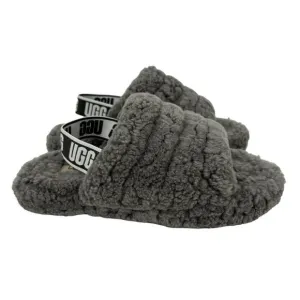 UGG Fluff Yeah Slide Slippers Kids Size 3 Charcoal Gray Sheepskin Rubber Sole