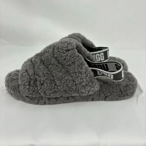 UGG Fluff Yeah Slide Slippers Kids Size 3 Charcoal Gray Sheepskin Rubber Sole