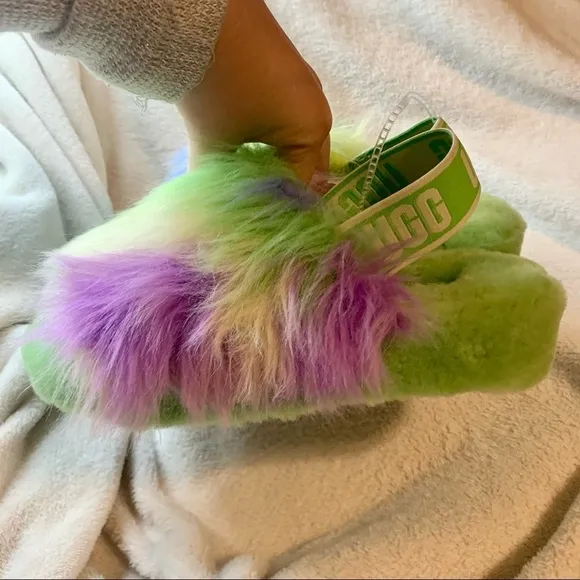 Ugg fluff yeah tie dye fur slides platform slippers size 6 green