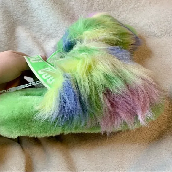 Ugg fluff yeah tie dye fur slides platform slippers size 6 green