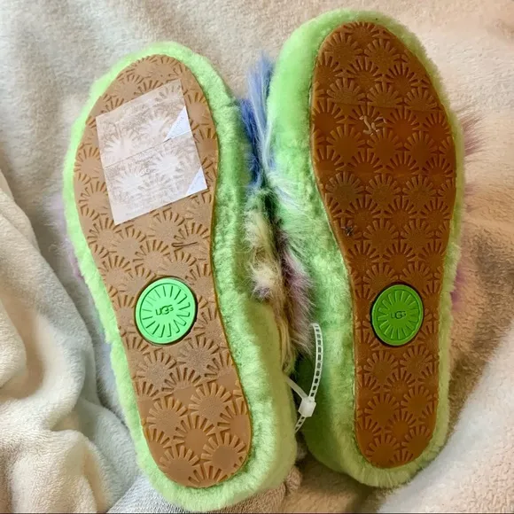 Ugg fluff yeah tie dye fur slides platform slippers size 6 green