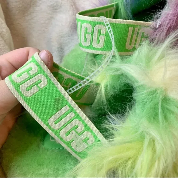 Ugg fluff yeah tie dye fur slides platform slippers size 6 green