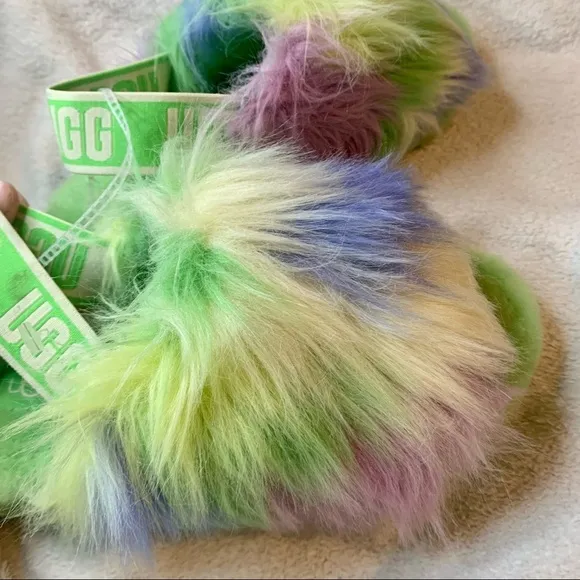 Ugg fluff yeah tie dye fur slides platform slippers size 6 green
