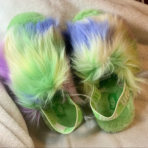 Ugg fluff yeah tie dye fur slides platform slippers size 6 green