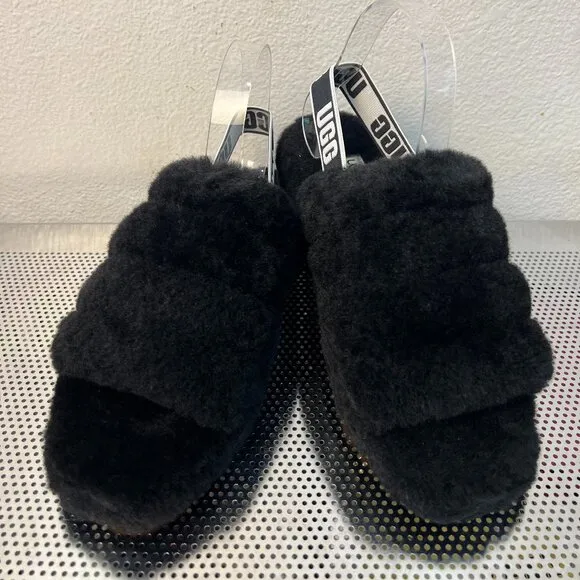 UGG Fluff Yeah Womens Slide Slippers 9 Black Sheepskin Slingback Platform NEW