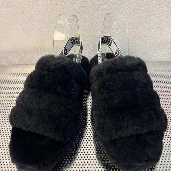 UGG Fluff Yeah Womens Slide Slippers 9 Black Sheepskin Slingback Platform NEW