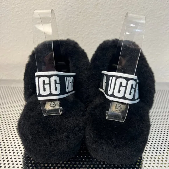 UGG Fluff Yeah Womens Slide Slippers 9 Black Sheepskin Slingback Platform NEW
