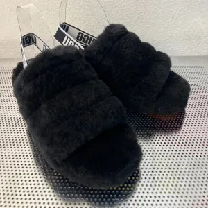 UGG Fluff Yeah Womens Slide Slippers 9 Black Sheepskin Slingback Platform NEW
