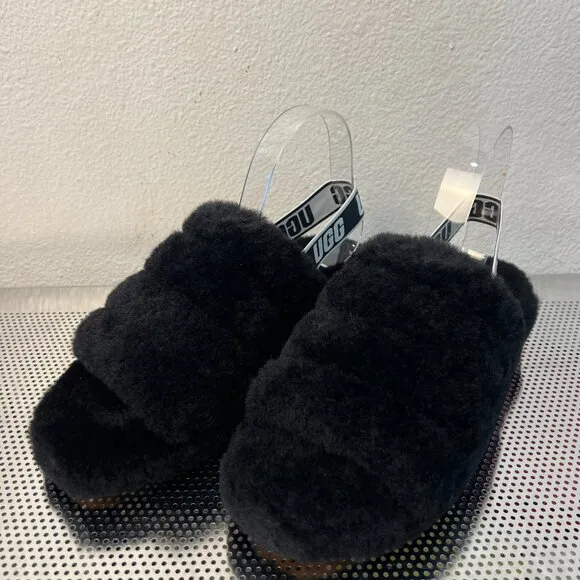 UGG Fluff Yeah Womens Slide Slippers 9 Black Sheepskin Slingback Platform NEW