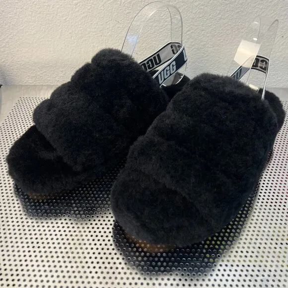 UGG Fluff Yeah Womens Slide Slippers 9 Black Sheepskin Slingback Platform NEW