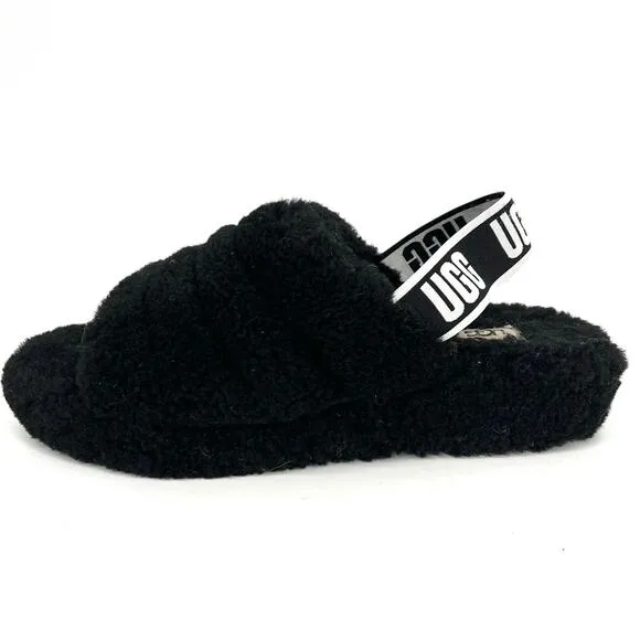 UGG Fluff Yeah Women's Slide Slippers Black Sheepskin Slingback Platform Sz 9