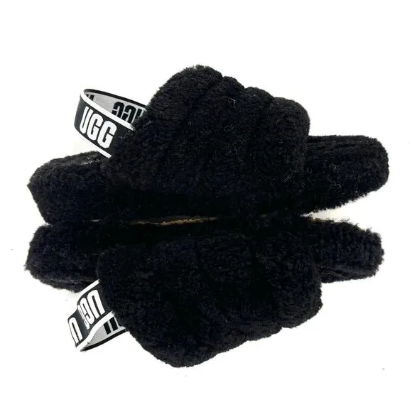 UGG Fluff Yeah Women's Slide Slippers Black Sheepskin Slingback Platform Sz 9