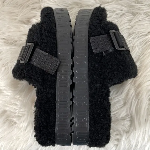 UGG FLUFFITA SHEARLING PLATFORM SLIDE SANDAL SLIPPER BLACK SIZE 7 NEW