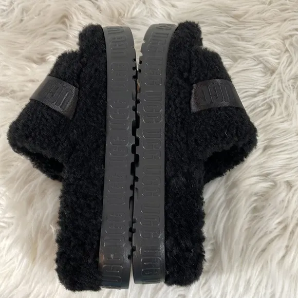 UGG FLUFFITA SHEARLING PLATFORM SLIDE SANDAL SLIPPER BLACK SIZE 7 NEW