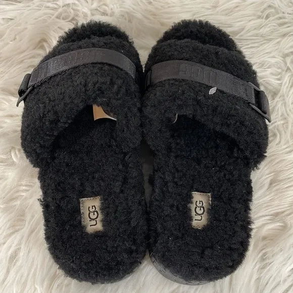 UGG FLUFFITA SHEARLING PLATFORM SLIDE SANDAL SLIPPER BLACK SIZE 7 NEW