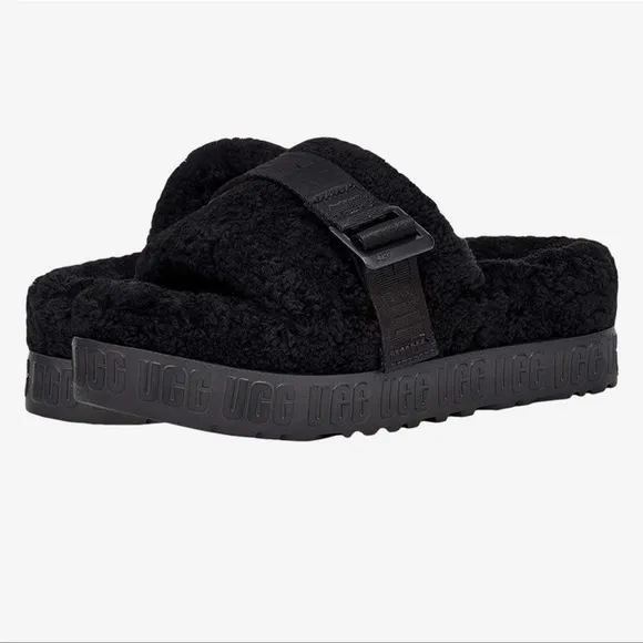 UGG FLUFFITA SHEARLING PLATFORM SLIDE SANDAL SLIPPER BLACK SIZE 7 NEW