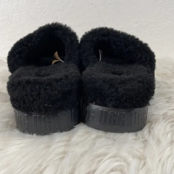 UGG FLUFFITA SHEARLING PLATFORM SLIDE SANDAL SLIPPER BLACK SIZE 7 NEW