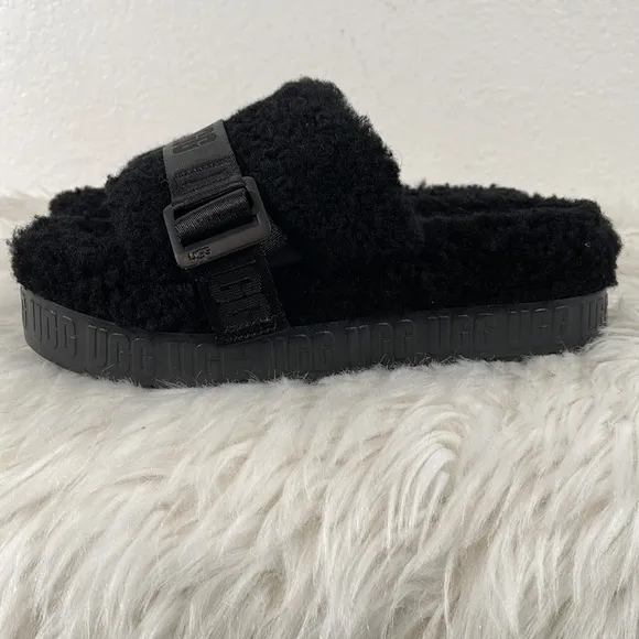 UGG FLUFFITA SHEARLING PLATFORM SLIDE SANDAL SLIPPER BLACK SIZE 7 NEW