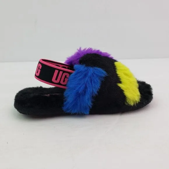 Ugg Girls Size 7C Multicolor Fluff Yeah Party Sports Slide Slippers Shoes