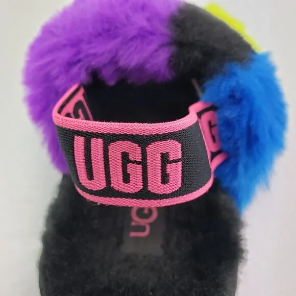 Ugg Girls Size 7C Multicolor Fluff Yeah Party Sports Slide Slippers Shoes