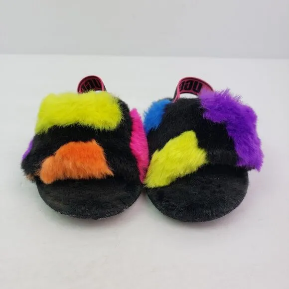 Ugg Girls Size 7C Multicolor Fluff Yeah Party Sports Slide Slippers Shoes