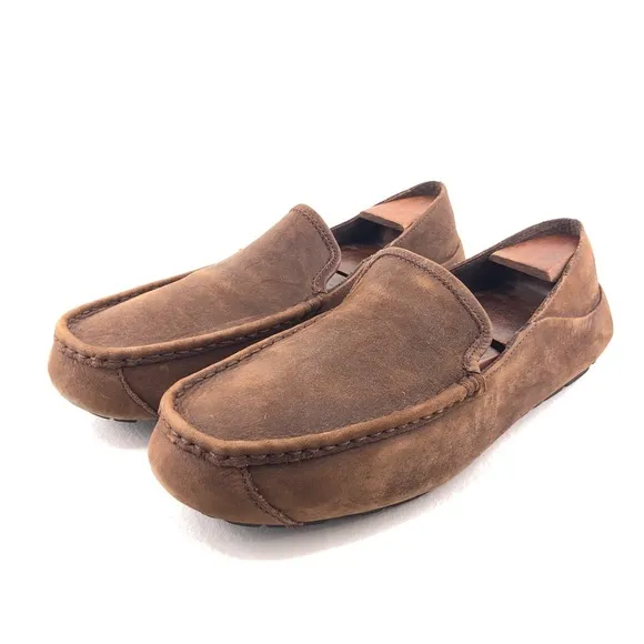 UGG Hunley Brown Leather Slip on Moccasin Shoes 10