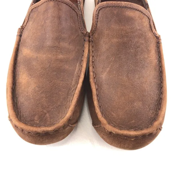 UGG Hunley Brown Leather Slip on Moccasin Shoes 10