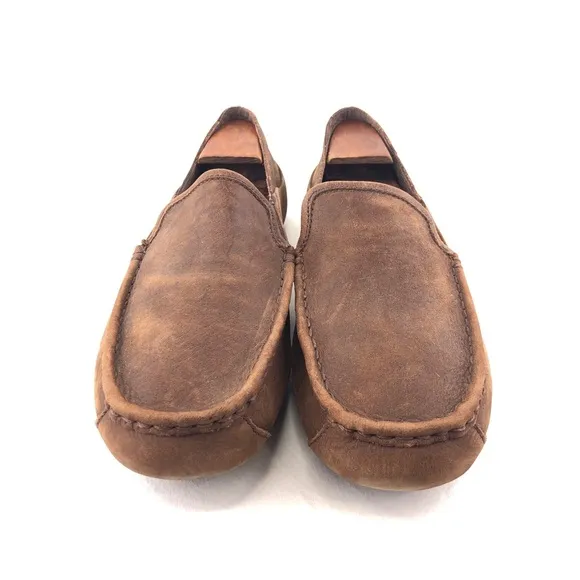 UGG Hunley Brown Leather Slip on Moccasin Shoes 10