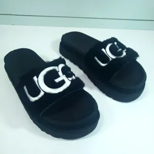 UGG Laton Fur Suede Slide Sandal Black Logo Comfy slippers size Women's 8
