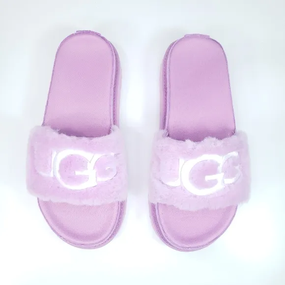 UGG Laton Fur Suede Slide Sandal Wildflower pink LOGO slippers size Women's 8