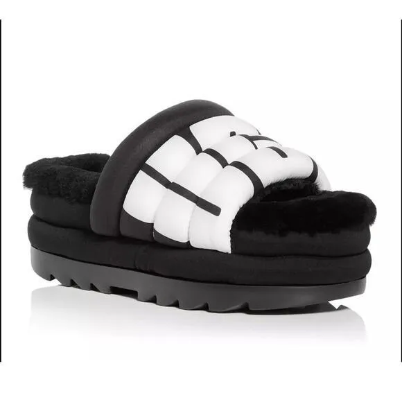 UGG Maxi Slide Logo Women's Slippers Black &amp; White US Size‎ 8