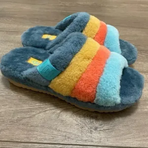 UGG MEN FLUFF YOU STRIPES MARINA BLUE FAUX FUR SLIPPERS US 8 NEW