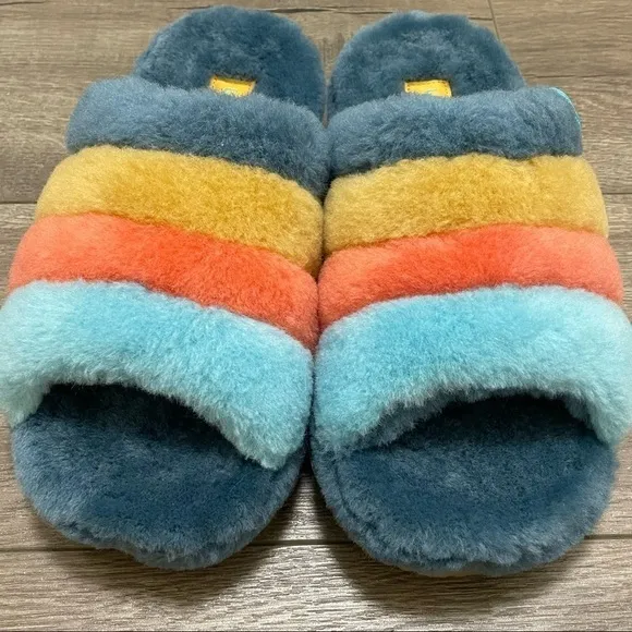 UGG MEN FLUFF YOU STRIPES MARINA BLUE FAUX FUR SLIPPERS US 8 NEW