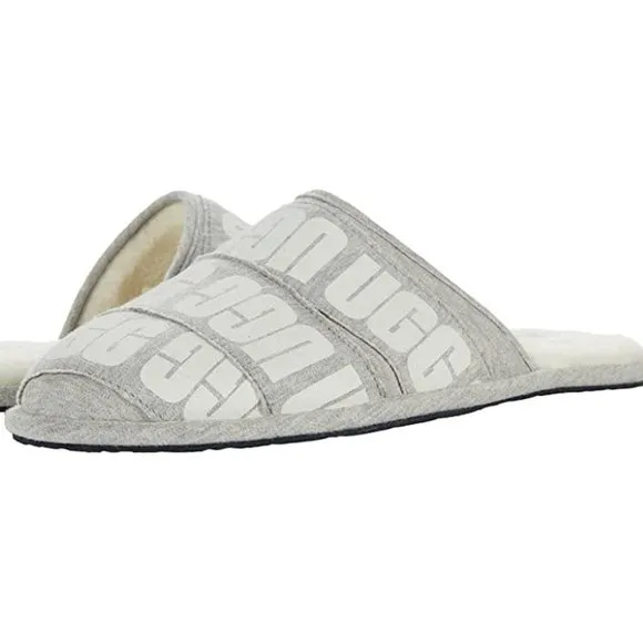 UGG MEN'S SCUFF LOGO BANDED GRAY WHITE SLIPPERS‎