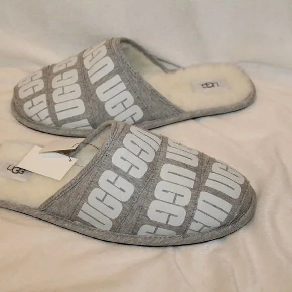 UGG MEN'S SCUFF LOGO BANDED GRAY WHITE SLIPPERS‎