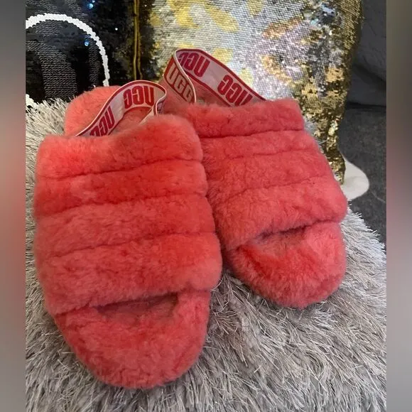 UGG NEON CORAL FLUFF YEAH SLIDES SLIPPERS SANDALS sz 10 40/41