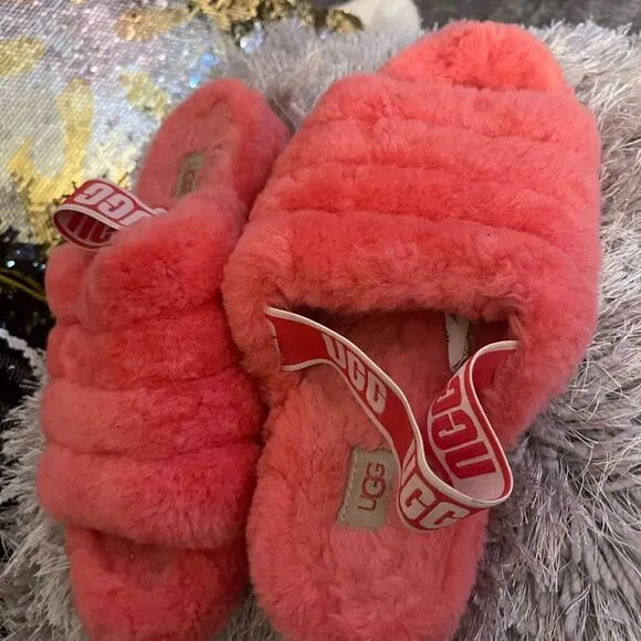 UGG NEON CORAL FLUFF YEAH SLIDES SLIPPERS SANDALS sz 10 40/41