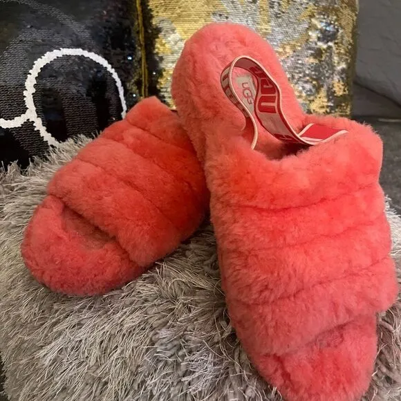 UGG NEON CORAL FLUFF YEAH SLIDES SLIPPERS SANDALS sz 10 40/41